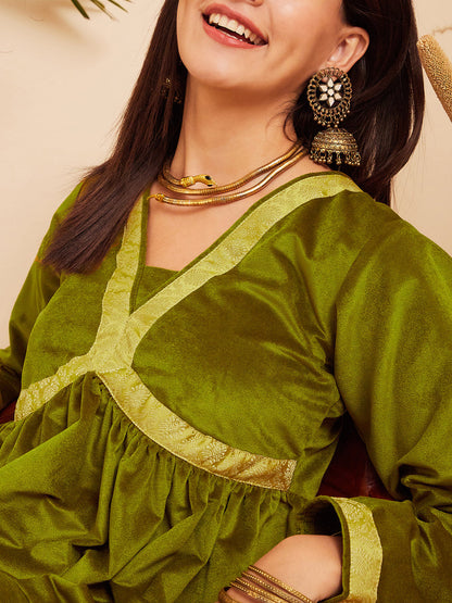 InWeave Women's Olive Mughal Shaan Style Velvet Short Kurta Set