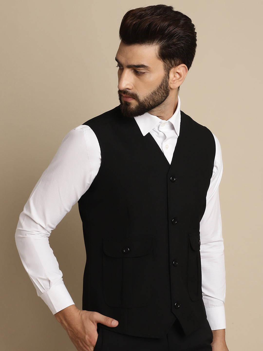 Even Apparels Men's Black Waistcoat With Patch Pocket