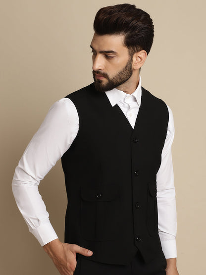 Even Apparels Men's Black Waistcoat With Patch Pocket