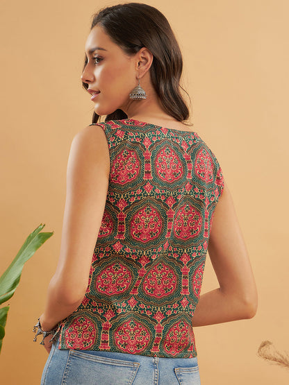 InWeave Green Red Mughal Kalamkari Top