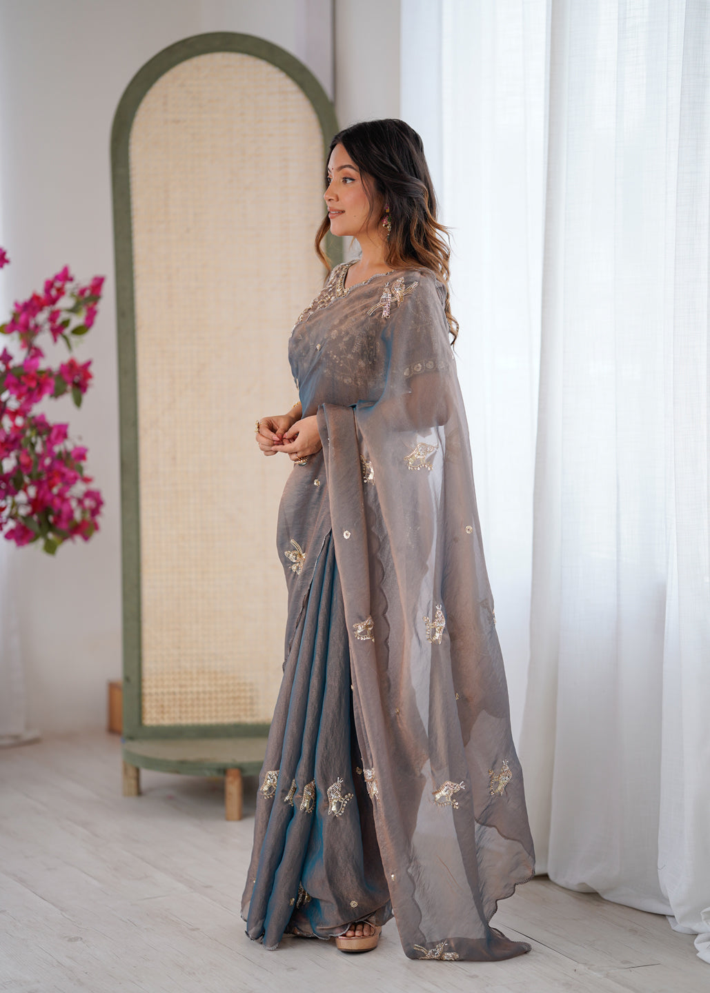 Evanik Grey Mos Silk With Handwork Butterfly Design Saree With Unstitched Blouse