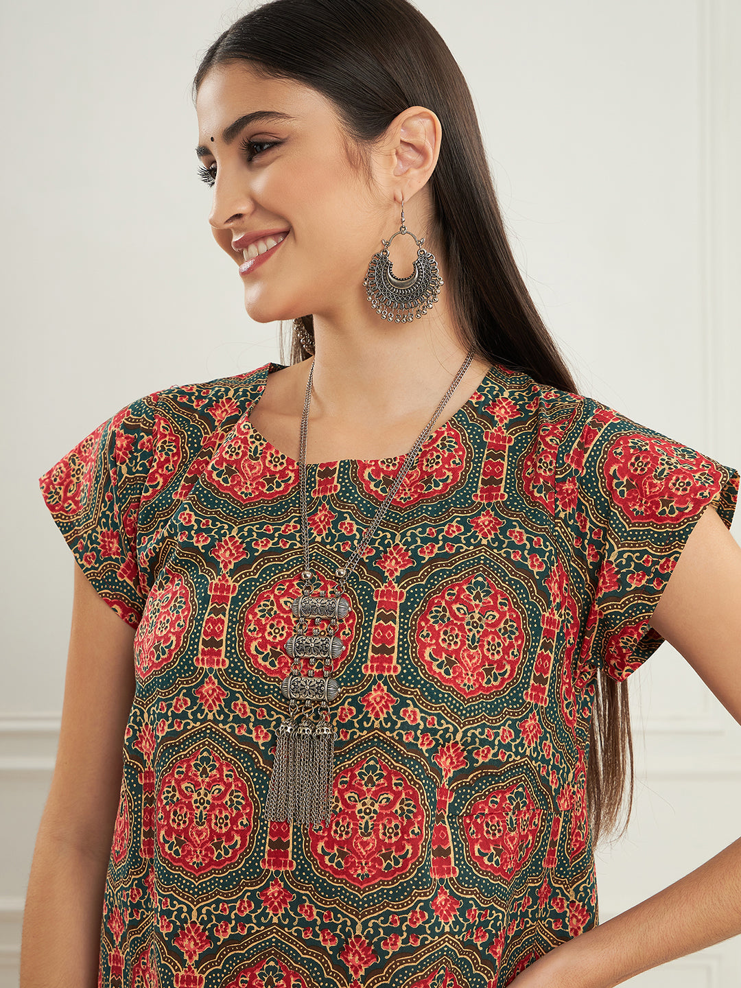 InWeave Women's Green Red Mughal Kalamkari A Line Dress