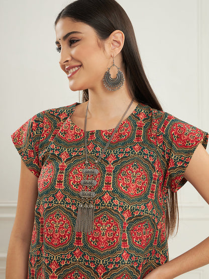 InWeave Women's Green Red Mughal Kalamkari A Line Dress