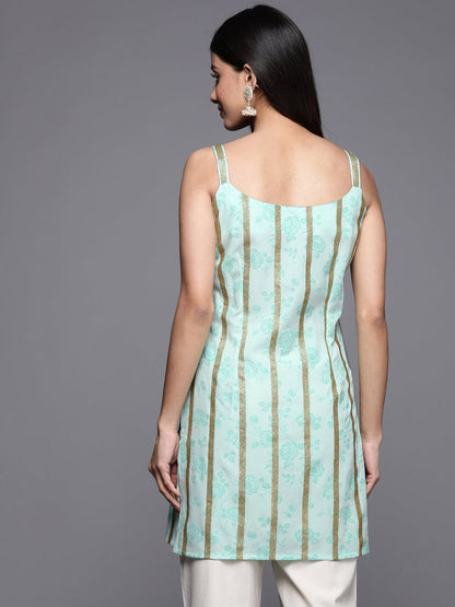 Ahalyaa Striped Floral Printed Shoulder Straps Crepe Tunic
