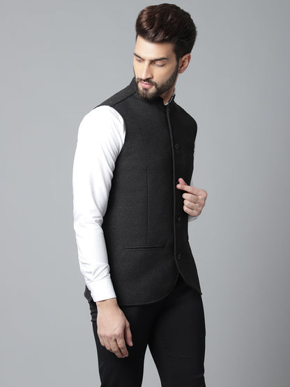 Even Apparels Men's Black Pure Wool Nehru Jacket