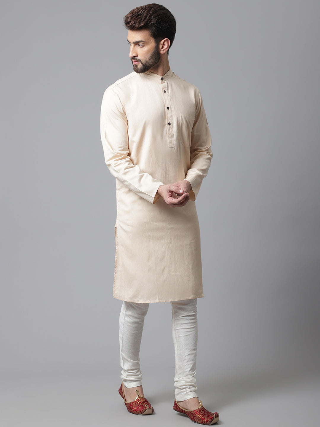 Even Apparels Cream Pure Cotton Kurta With Band Collar