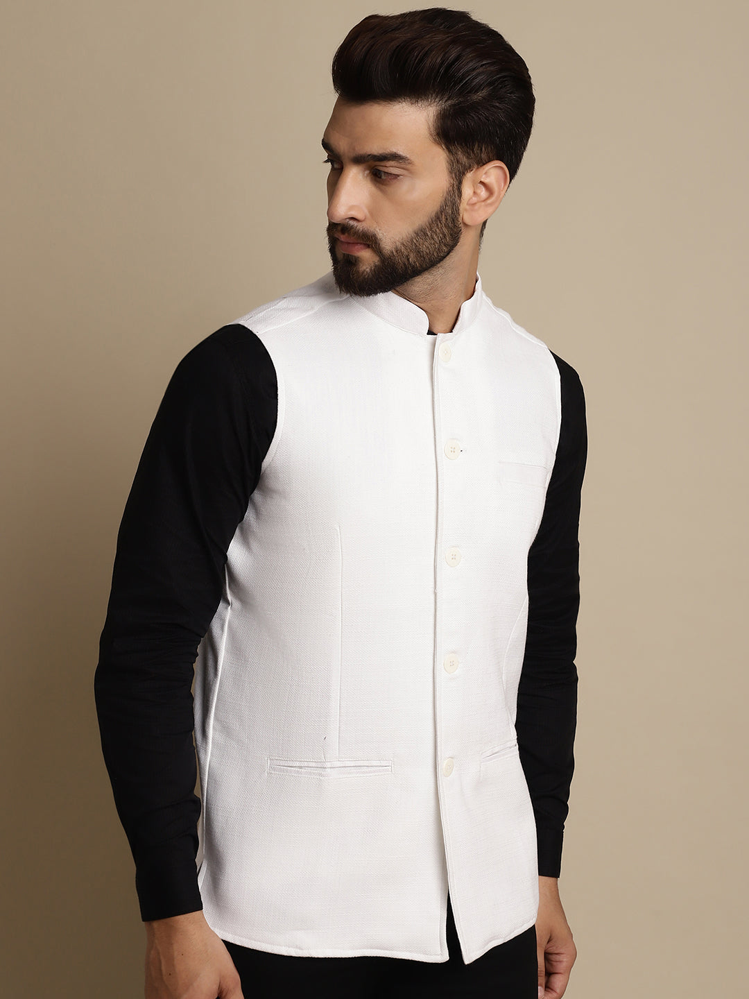 Even Apparels Men's White Mandarin Collar Waistcoat