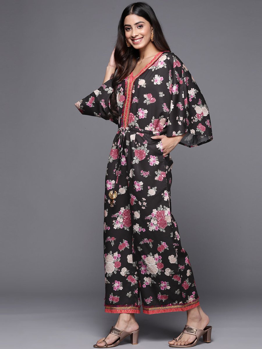 Ahalyaa Printed Crepe Basic Jumpsuit With Lace Inserts