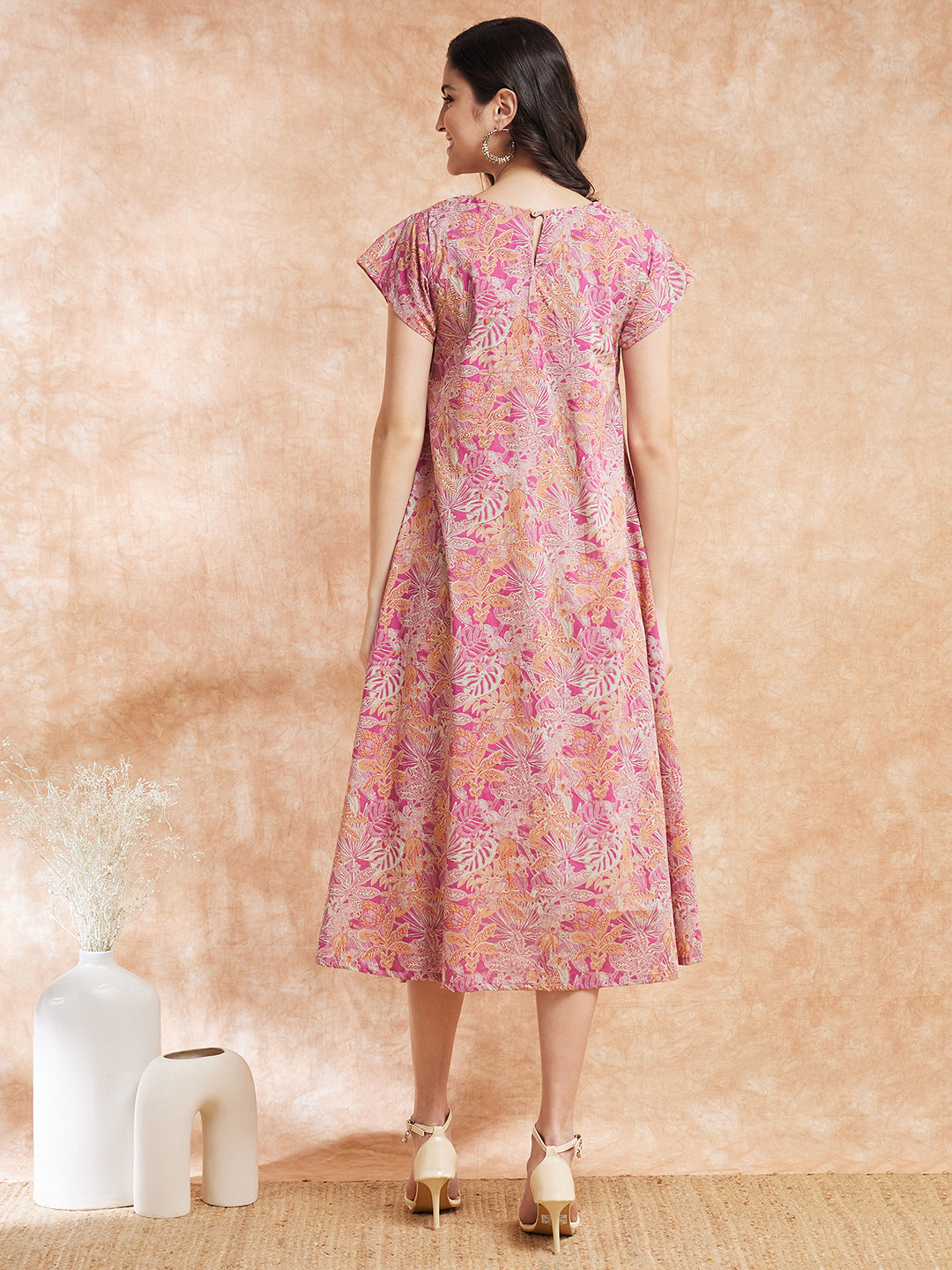 InWeave Women's Pink Coral Floral Print A Line Dress