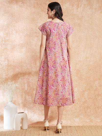 InWeave Women's Pink Coral Floral Print A Line Dress