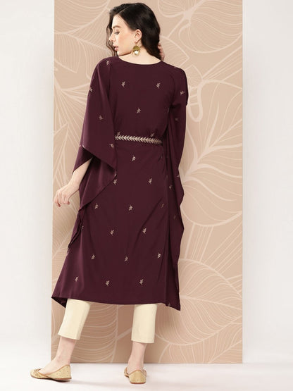 Ahalyaa Women Floral Printed Flared Sleeves Belted Detail Crepe Kaftan Kurta