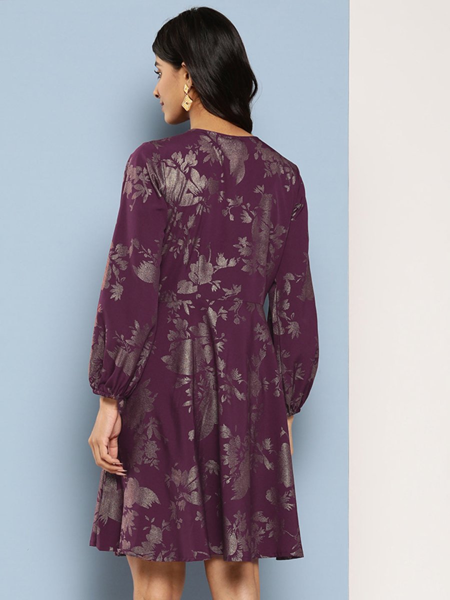 Ahalyaa Floral Print Puff Sleeves Empire Crepe Ethnic Dress