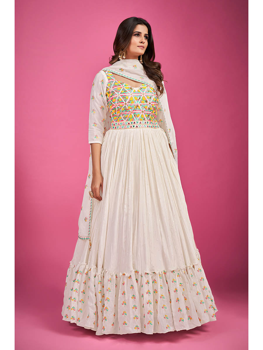 Myra White Chinon Silk Embroidered Gown