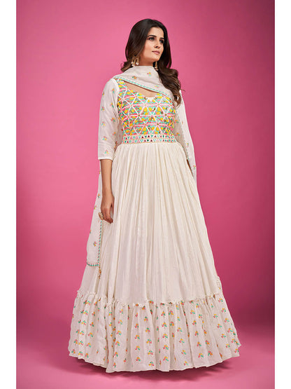 Myra White Chinon Silk Embroidered Gown