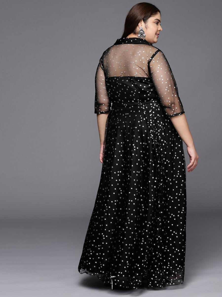 Ahalyaa Plus Size Printed Net V-neck Maxi Ethnic Dress