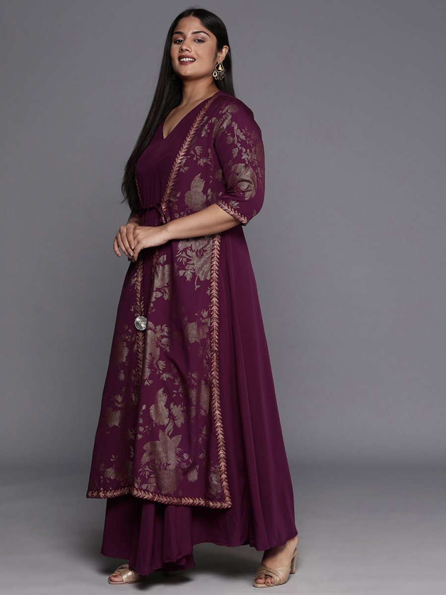Ahalyaa Plus Size Floral Print Crepe Layered A-line Maxi Ethnic Dress