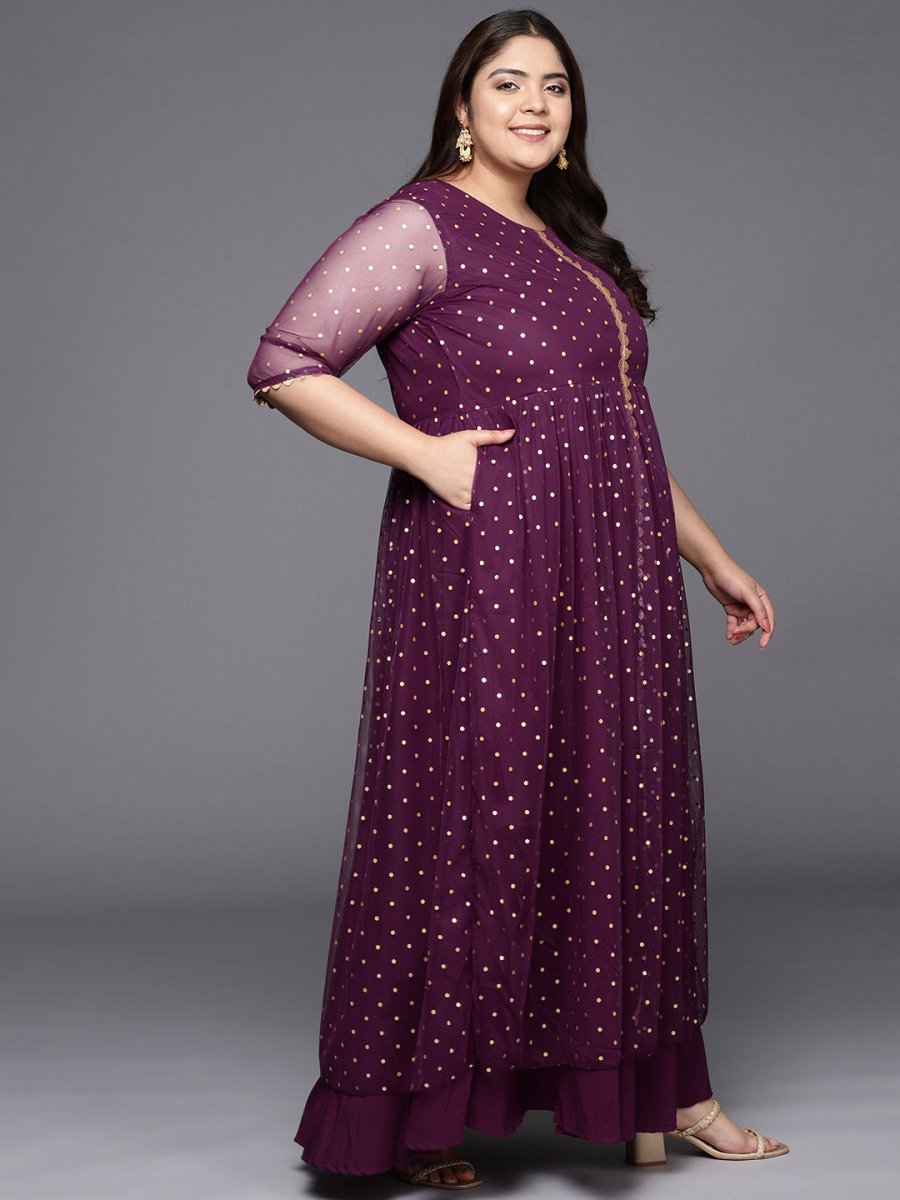 Ahalyaa Plus Size Round neck Net Maxi Ethnic Dress