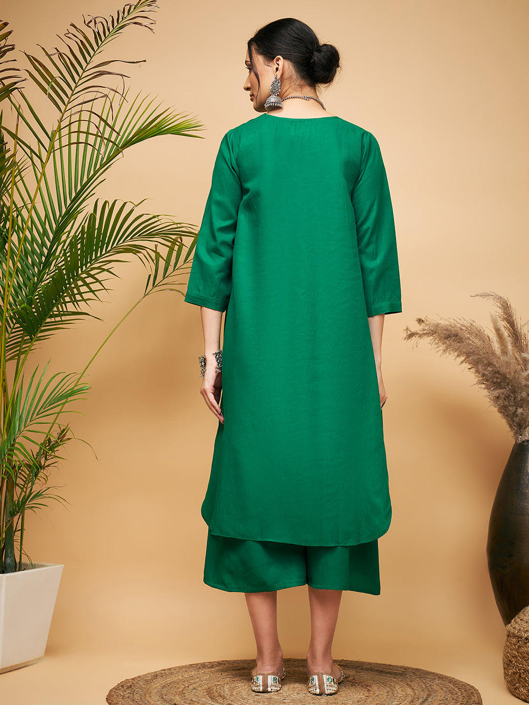 InWeave Women's Forest Green Flared Kurta Palazzo Set