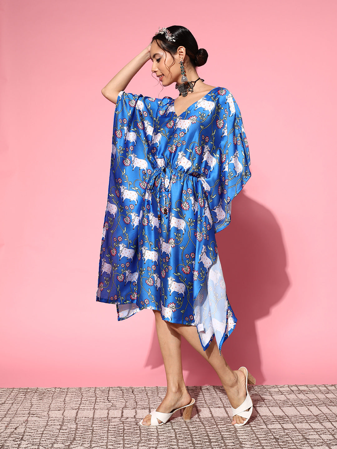 InWeave Women's Ink Blue Indian Bull Print Kaftan