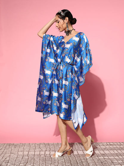 InWeave Women's Ink Blue Indian Bull Print Kaftan