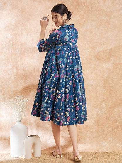 InWeave Women's Blue Pink Kalamkari Flared Dress