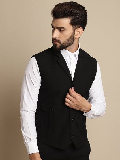 Even Apparels Men's Black Waistcoat with Notched Lapel