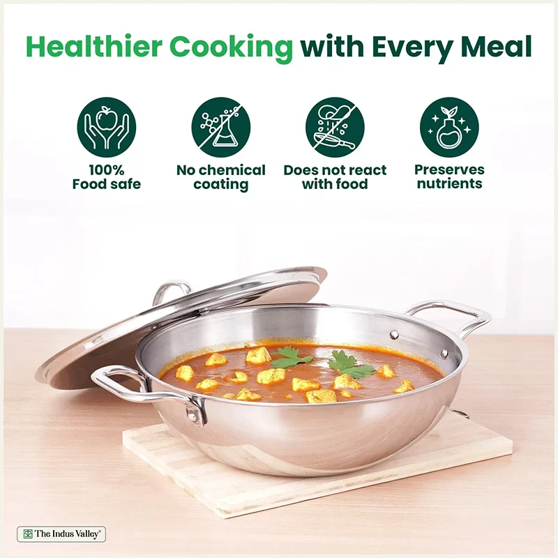The Indus Valley TurboCuk Tri-ply Stainless Steel Kadai+ Steel Lid, Premium Quality, 3 Layer Thick Body, 100% Toxin-free, Non-stick, Induction & Gas, 3L/3.5L/3.9L/4.5L