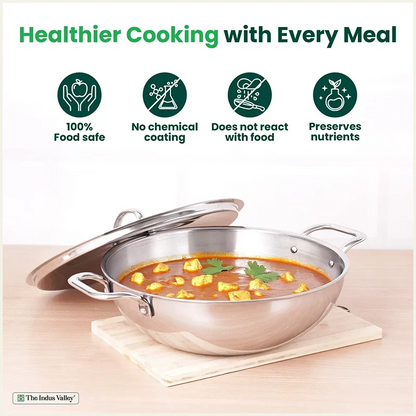 The Indus Valley TurboCuk Tri-ply Stainless Steel Kadai+ Steel Lid, Premium Quality, 3 Layer Thick Body, 100% Toxin-free, Non-stick, Induction & Gas, 3L/3.5L/3.9L/4.5L