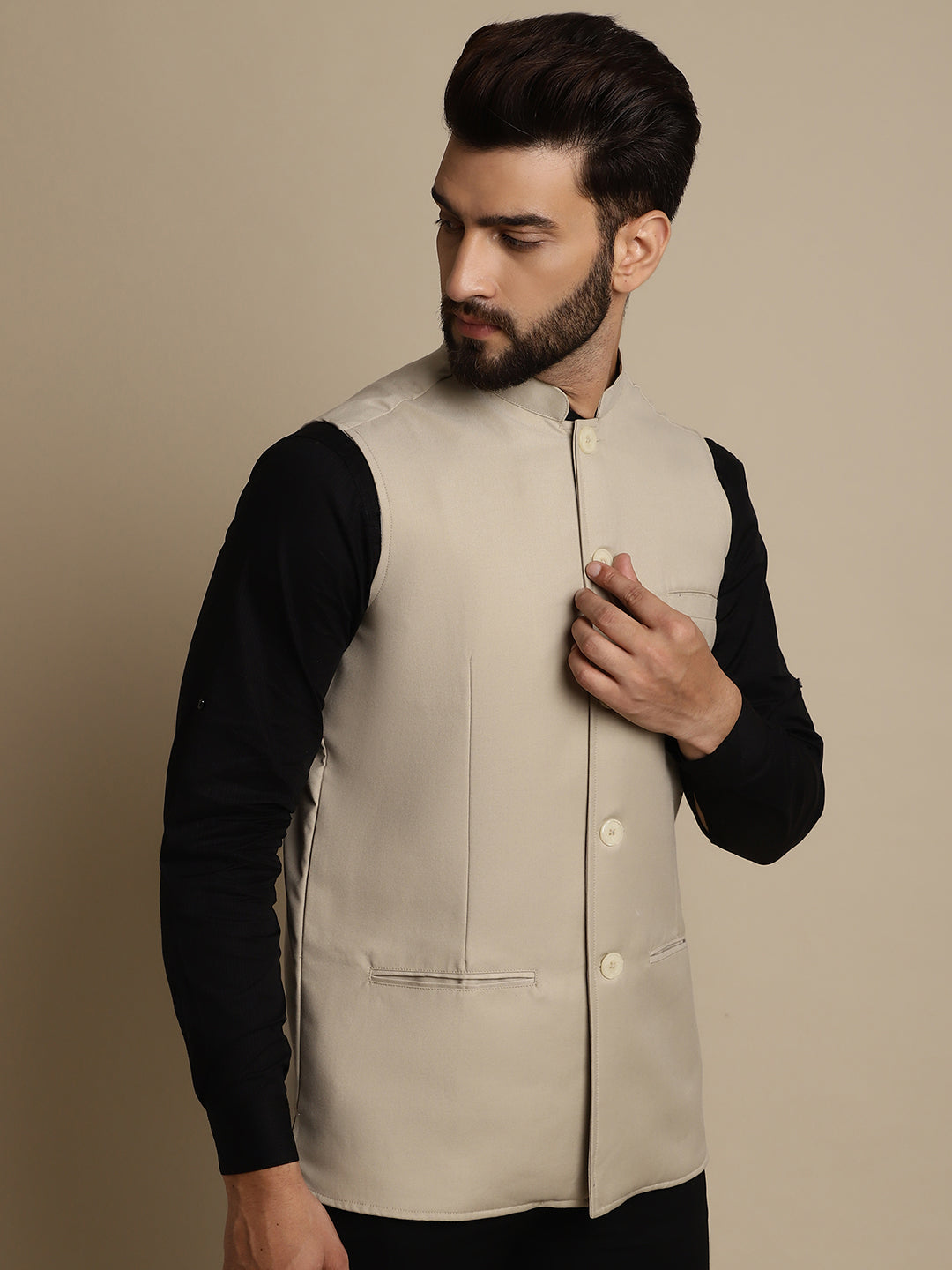 Even Apparels Men's Cream Mandarin Collar Waistcoat