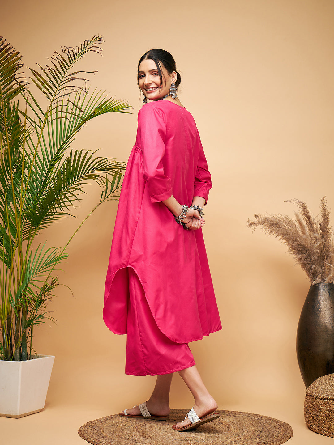 InWeave Women's Fuchsia Flared Kurta Palazzo Set