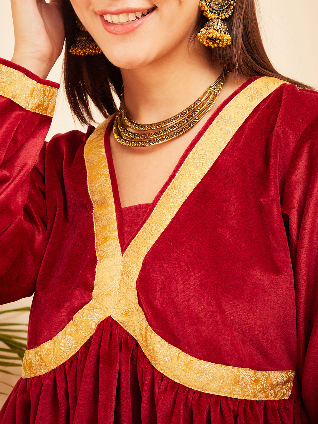 InWeave Women's Barn Red Mughal Shaan Style Velvet Short Kurta Set