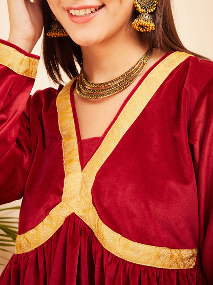 InWeave Women's Barn Red Mughal Shaan Style Velvet Short Kurta Set