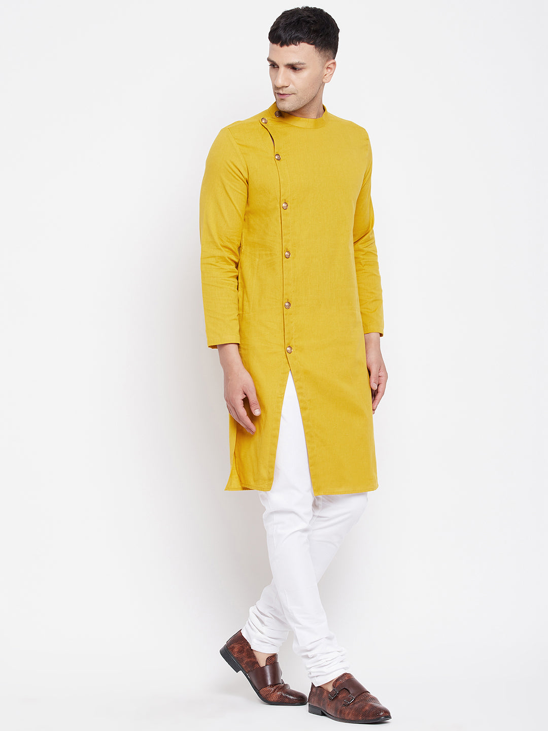 Even Apparels Yellow Pure Cotton Kurta With Band Collar
