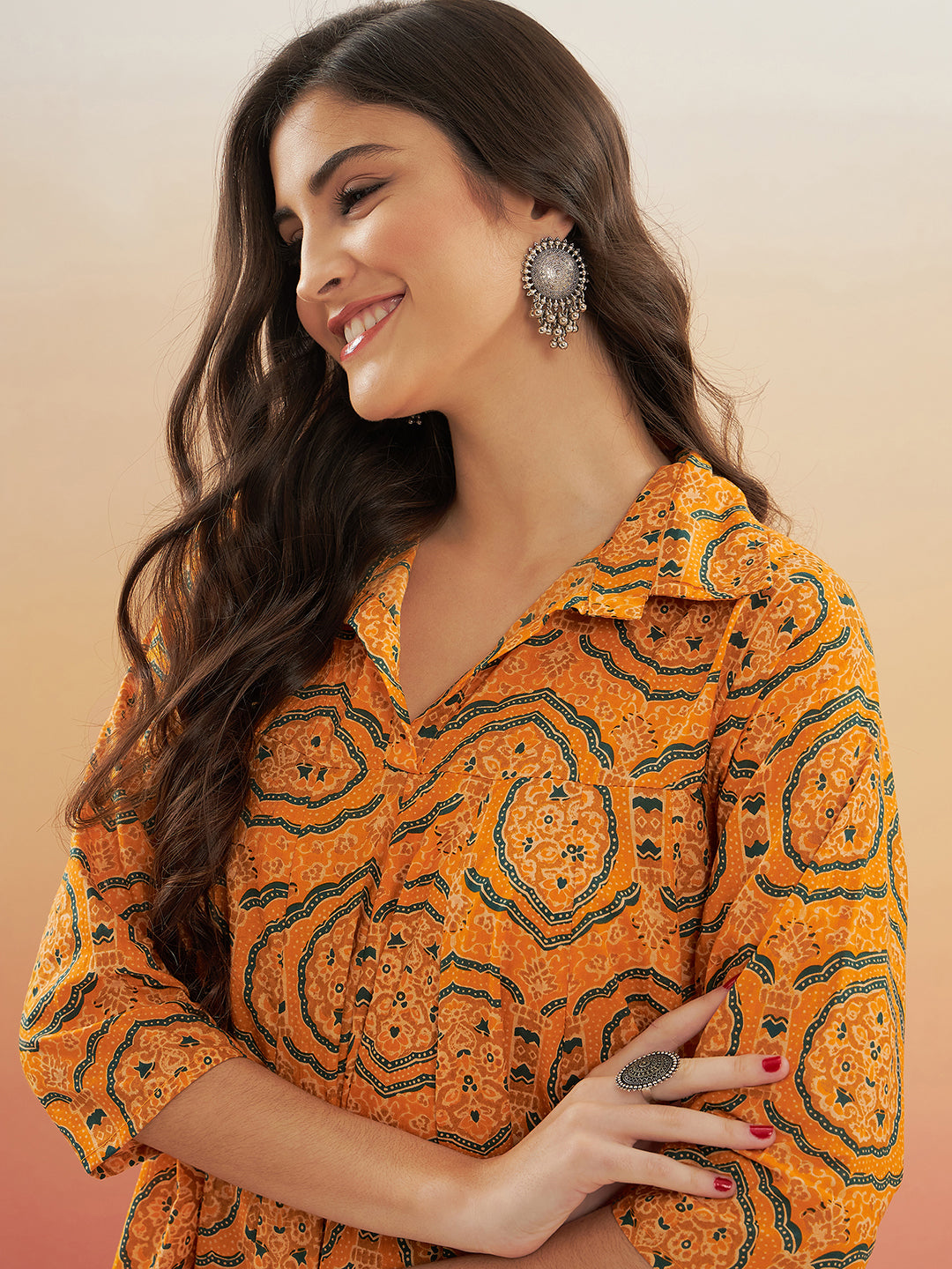 InWeave Women's Haldi Yellow Mughal Kalamkari Flared Dress