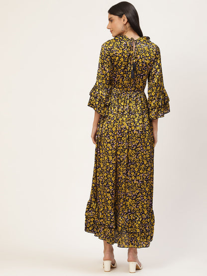 InWeave Women's Mustard Print Ruffled Dress