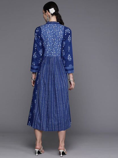 Ahalyaa Floral Print Midi Pure Cotton Ethnic Dress with Lace Inserts Detail