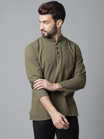 Indian Clothing Even Apparels Green Pure Cotton Kurta With Band Collar