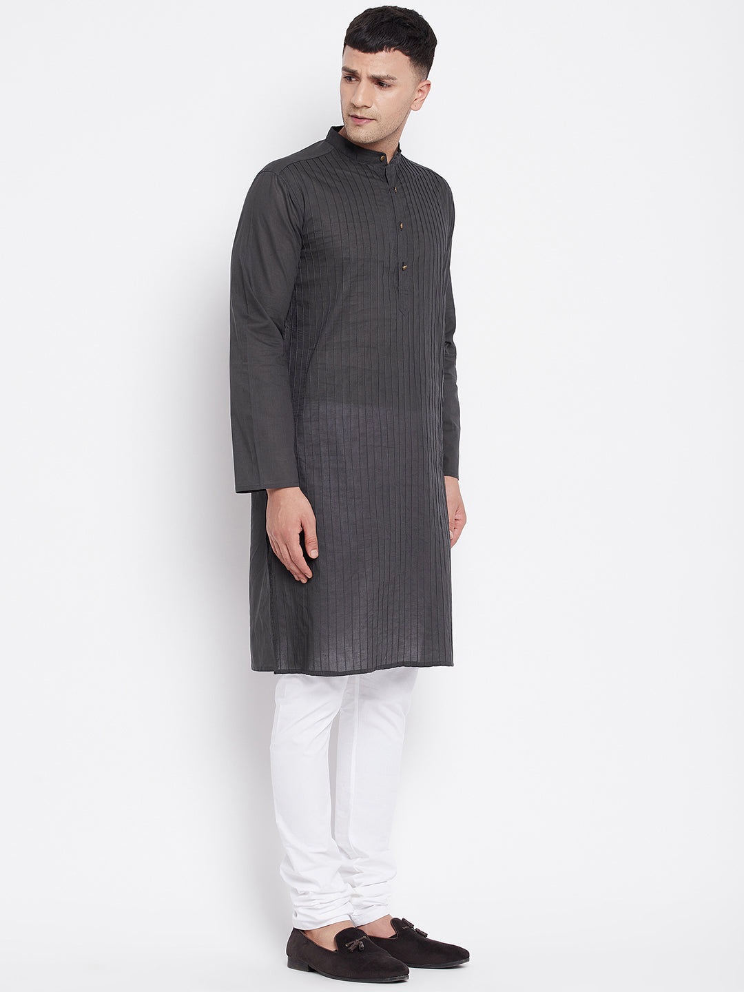 Even Apparels Grey Pure Cotton Kurta With Band Collar