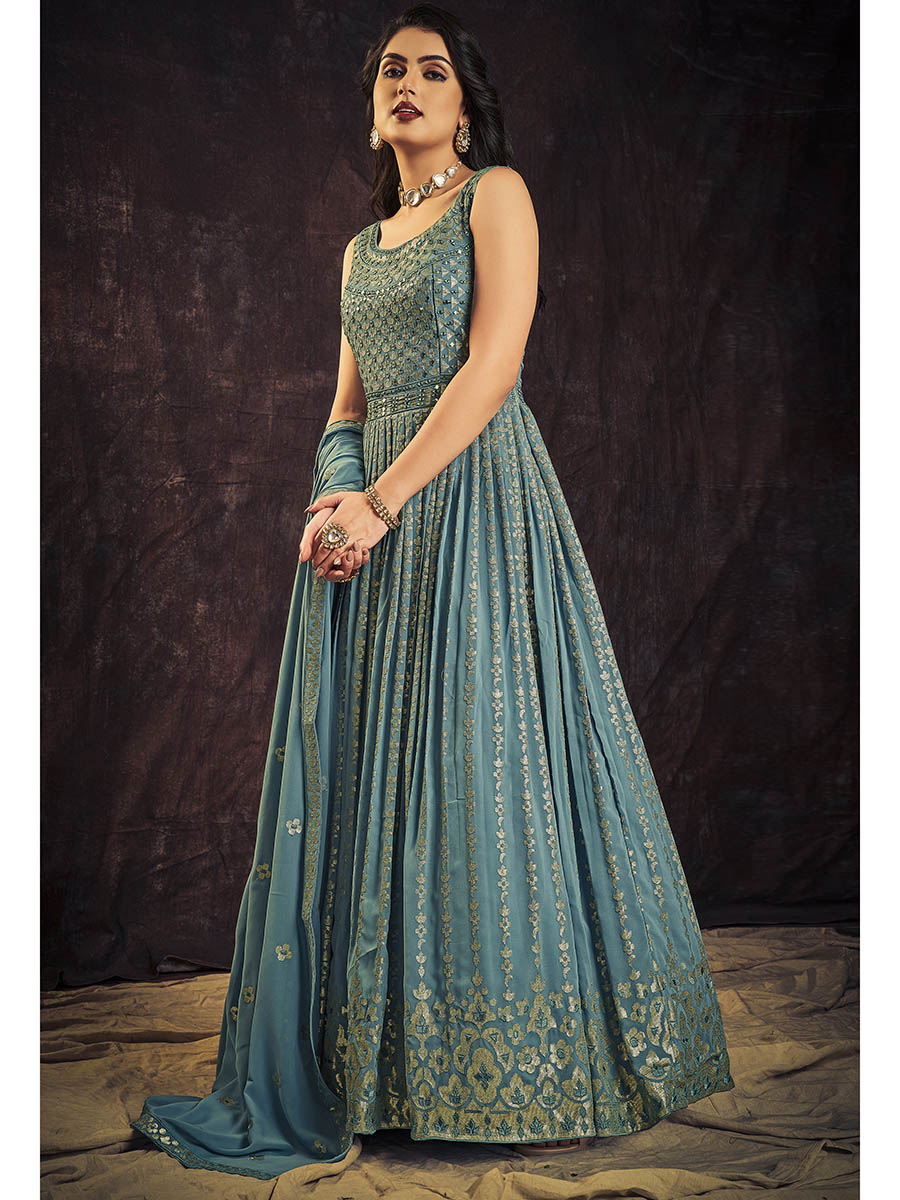 Myra Blue Real Georgette Designer Gown Style Suit