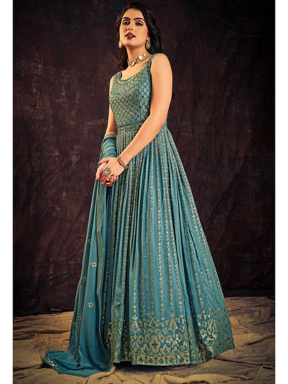 Myra Blue Real Georgette Designer Gown Style Suit