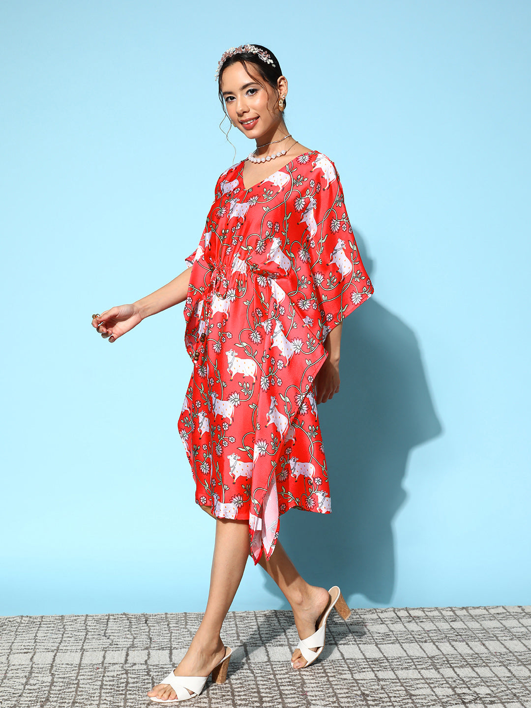 InWeave Women's Bright Pink Indian Bull Print Kaftan