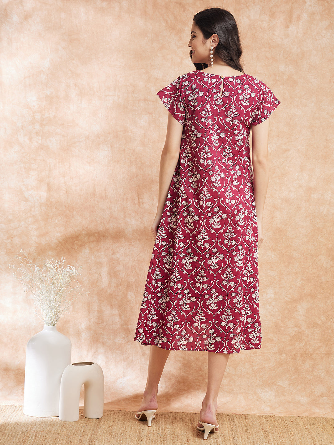 InWeave Women's Wine Cream Floral Print A Line Dress