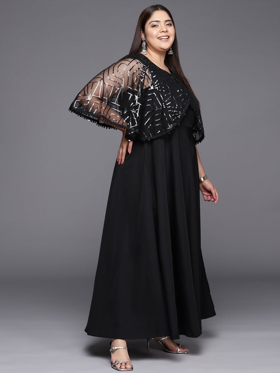 Ahalyaa Plus Size Geometric Print Crepe Layered A-line Maxi Ethnic Dress