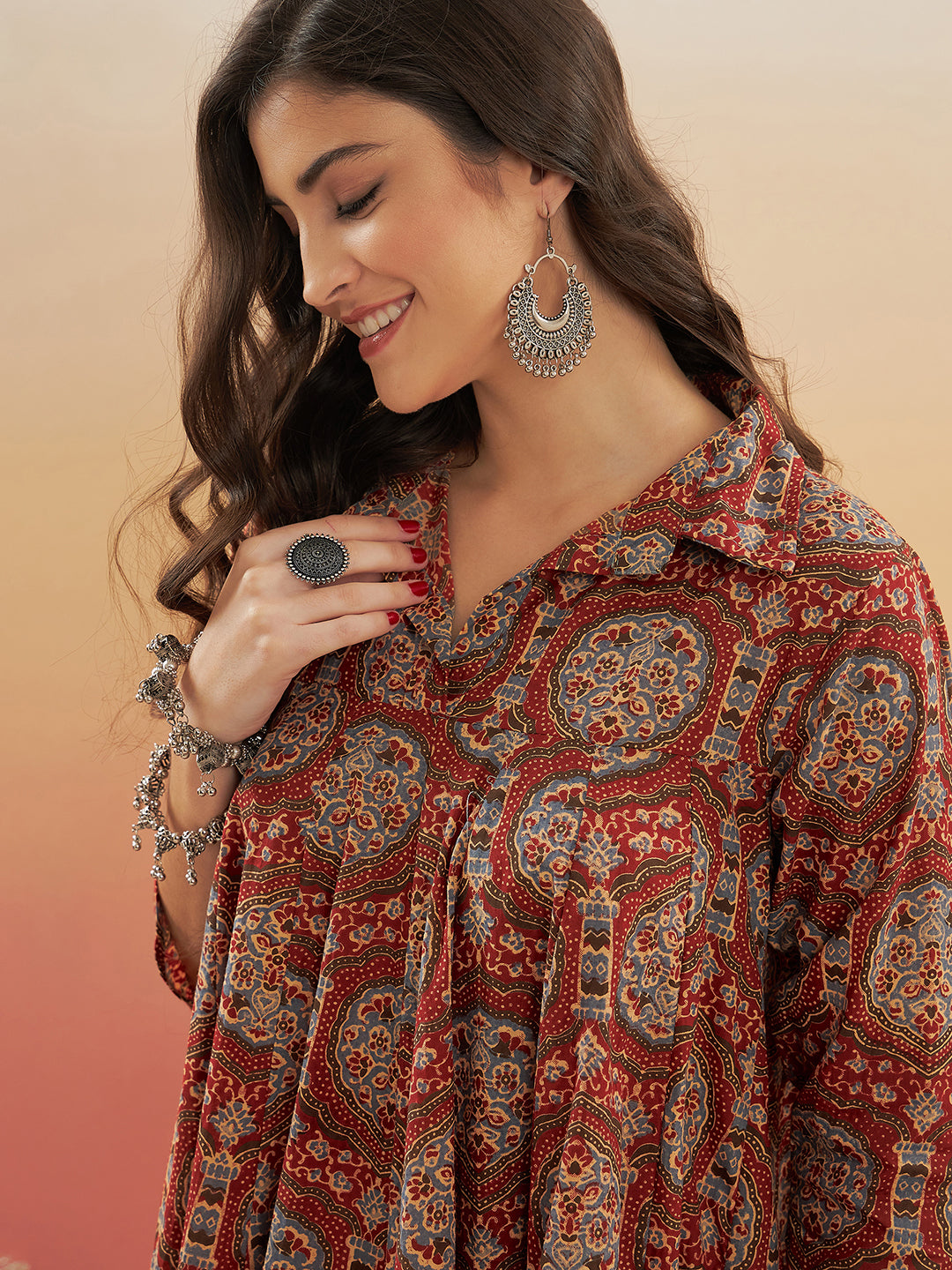 InWeave Women's Maroon Mughal Kalamkari Flared Dress