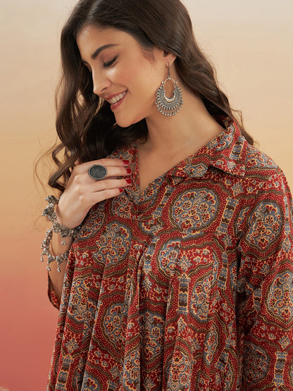 InWeave Women's Maroon Mughal Kalamkari Flared Dress