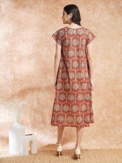 InWeave Women's Maroon Mughal Kalamkari A Line Dress