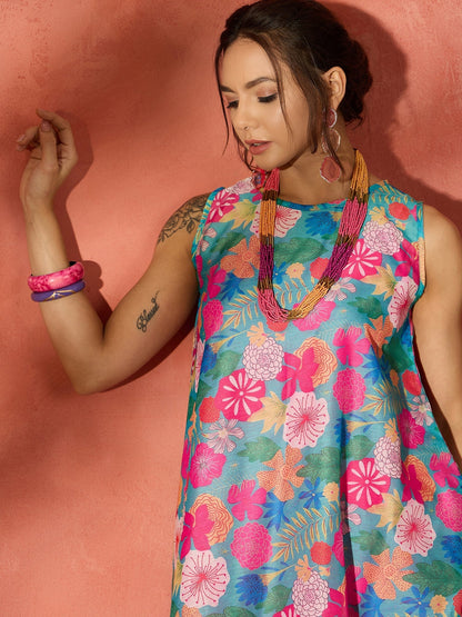 InWeave Blue Floral Fuchsia Asymmetrical Dress