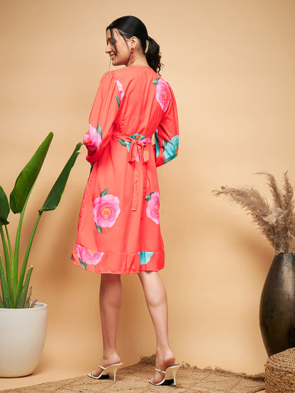 InWeave Women's Dark Orange Pink Blue Flower Belted Dress