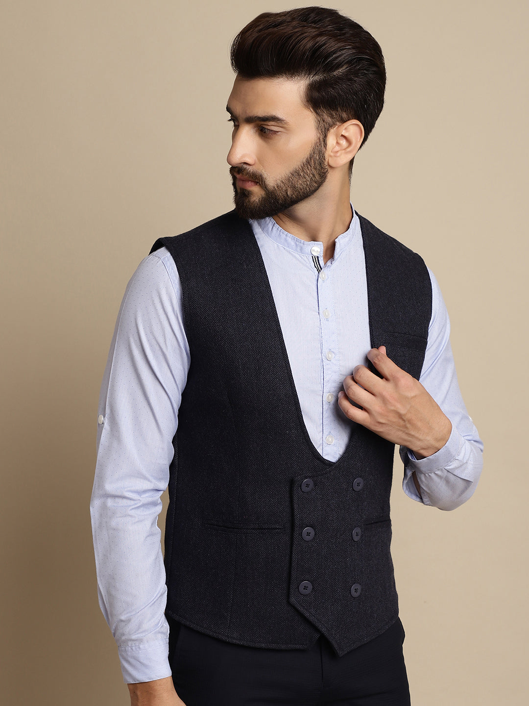 Even Apparels Men's Blue Woolen Double Breast Waistcoat