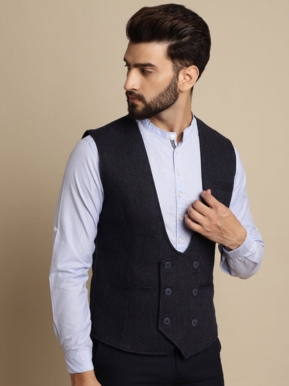 Even Apparels Men's Blue Woolen Double Breast Waistcoat